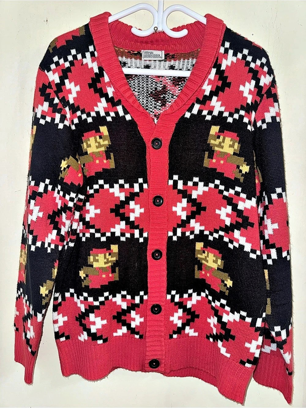 Nintendo Super Mario Bros Retro 8-Bit Pixel Holiday Knit Cardigan Sweater Red M